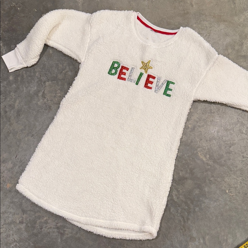 Cozy White Fleece Dress with Colorful 'Believe' Design